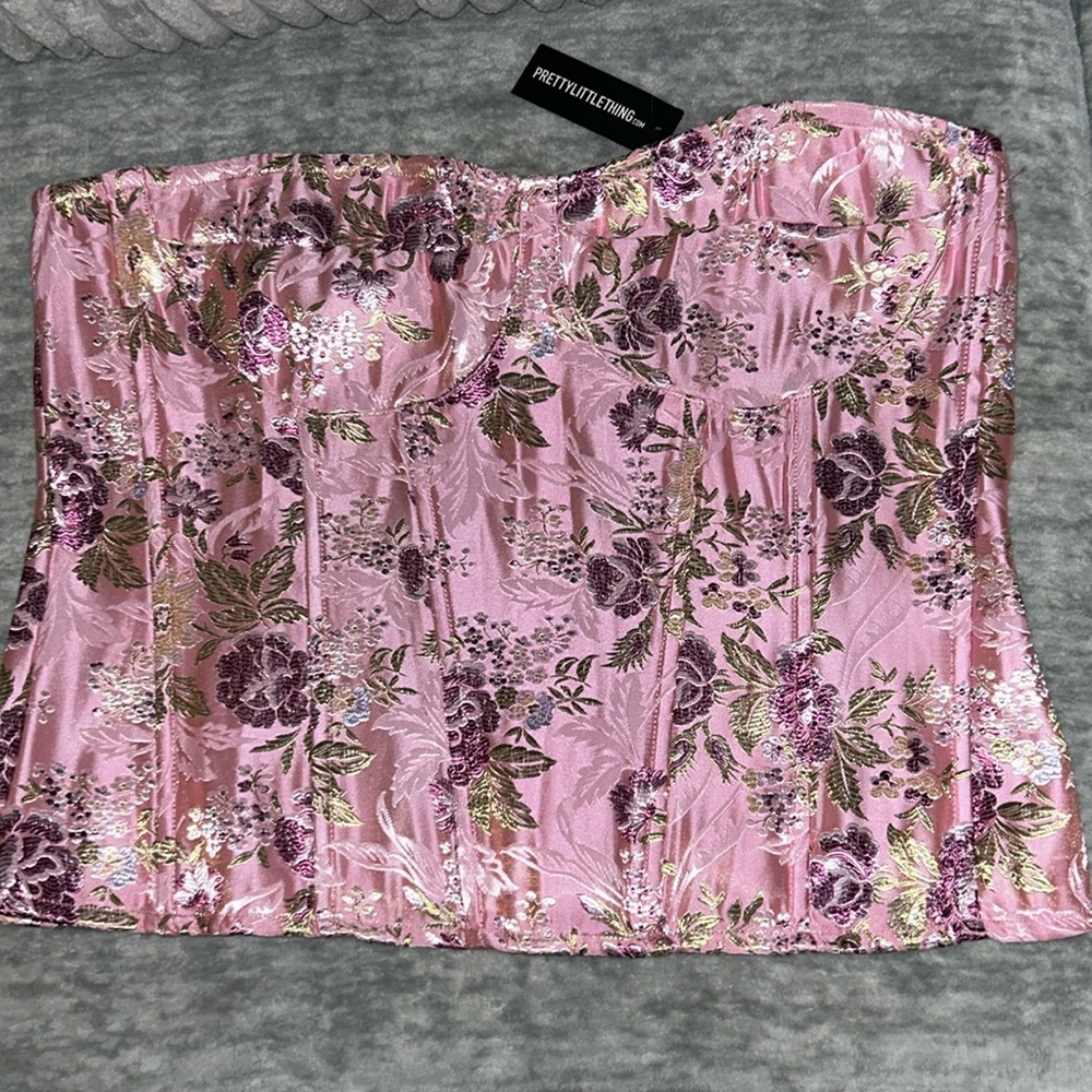 PrettyLittleThing Pink Floral Satin Corset Crop Top